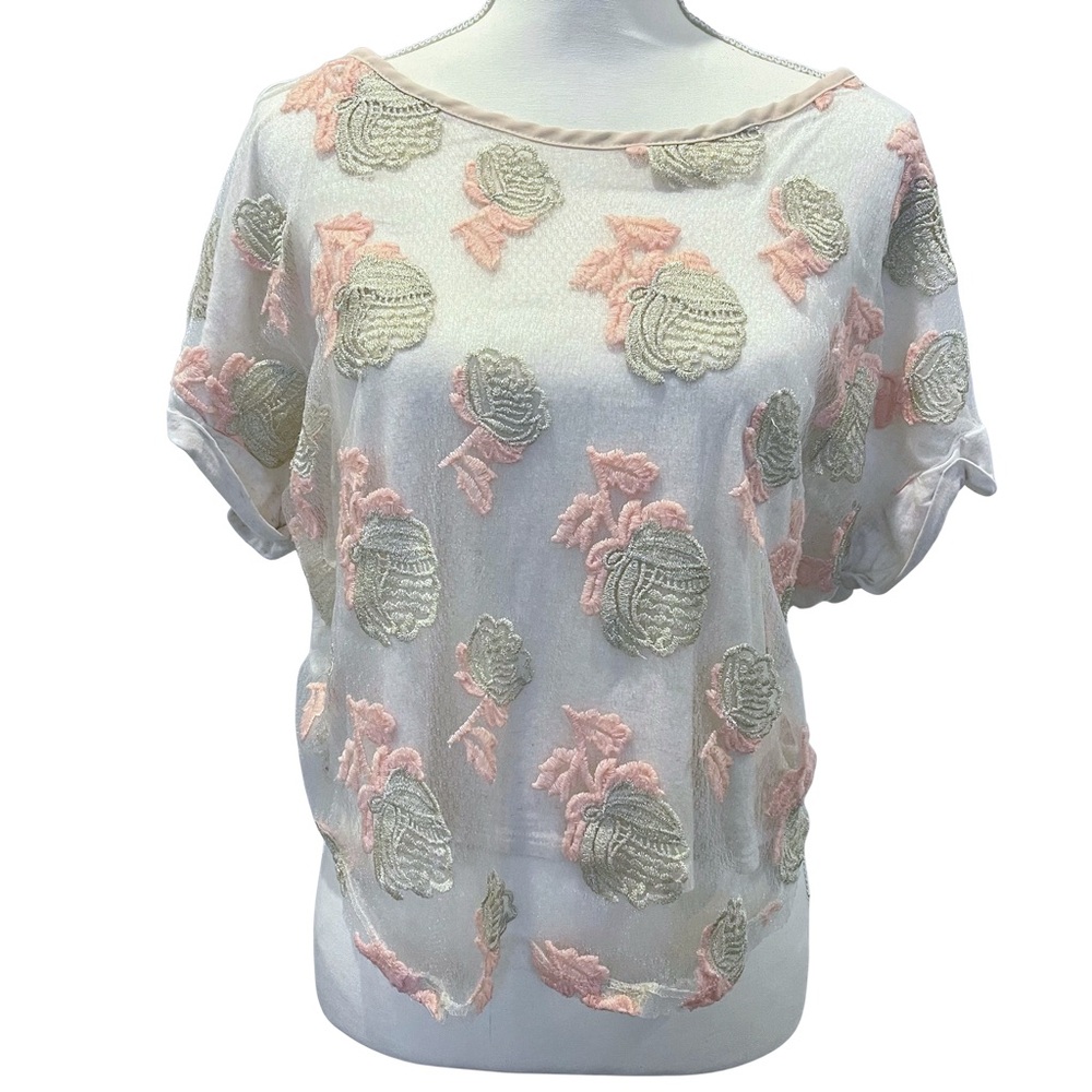 Anthropologie Brandlabel Sheer Tulle Top with Pink and Gold Floral Embroidery
